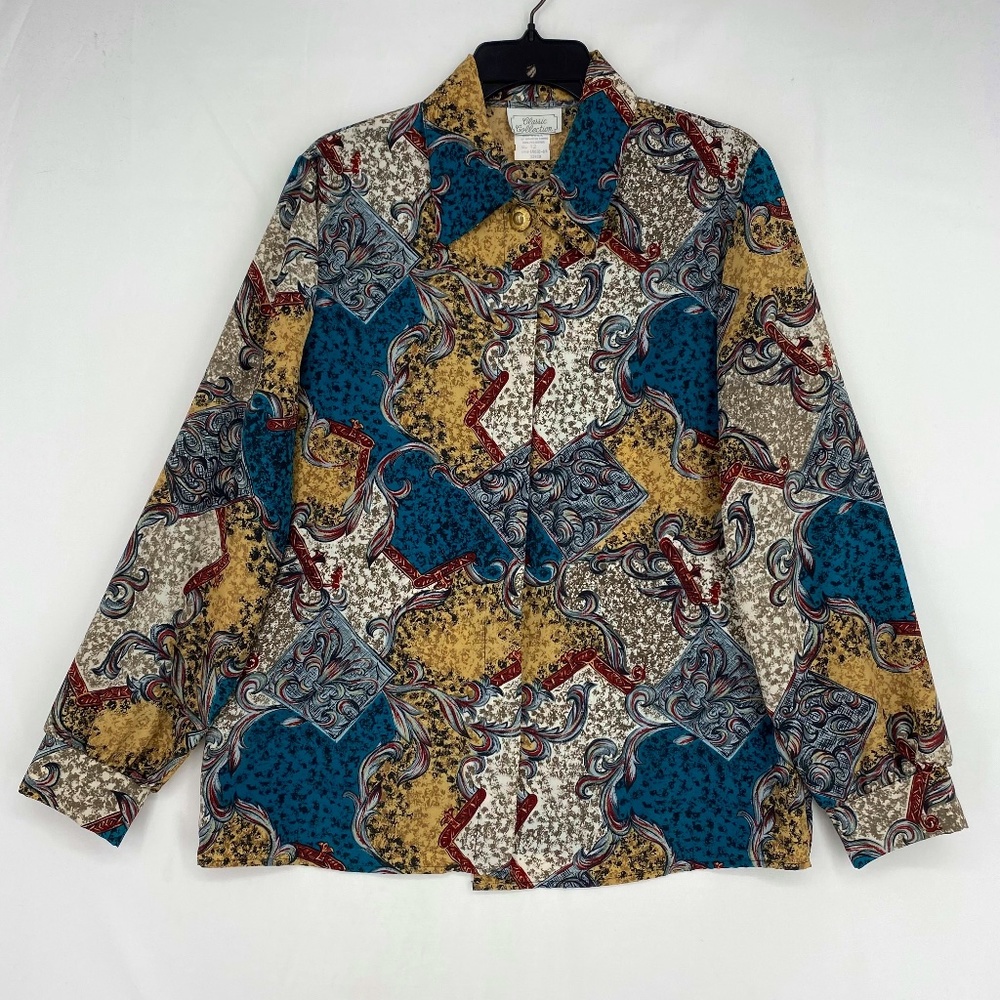 Classic Collection Womens Size 12 Vintage Button Up Blouse Teal Beige Red Print
